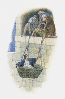 Illustration of Saul being lowered down side of stone building in basket by four men Illustration of Saul being lowered down side of stone building in basket by four men