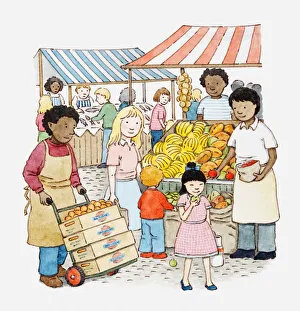 Illustration of a scene at an open-air market Illustration of a scene at an open-air market
