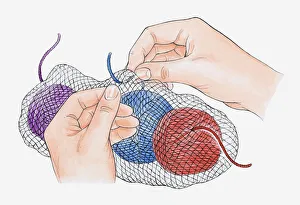 Illustration of securing balls of wool in net back using safety pin to prevent tangling Illustration of securing balls of wool in net back using safety pin to prevent tangling