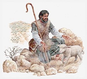 Illustration of shepherd finding his lost sheep, Gospel of Matthew Illustration of shepherd finding his lost sheep, Gospel of Matthew