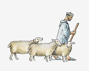 Illustration of a shepherd and three sheep Illustration of a shepherd and three sheep