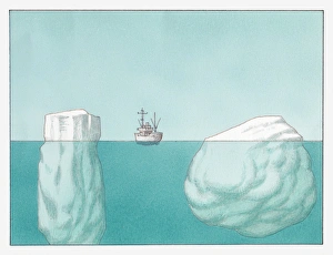 Illustration of a ship between two icebergs Illustration of a ship between two icebergs