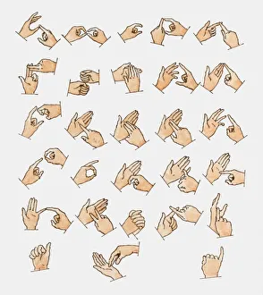 Illustration showing 26 sign language hand signals representing letters of the alphabet Illustration showing 26 sign language hand signals representing letters of the alphabet
