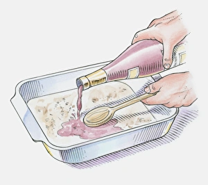 Illustration showing how to deglaze meat juices by pouring wine into roasting pan Illustration showing how to deglaze meat juices by pouring wine into roasting pan