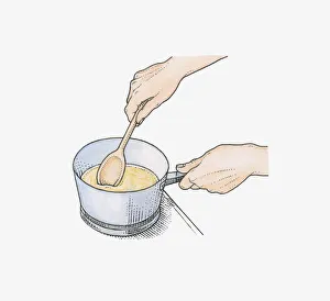 Illustration showing melted wax being stirred in pan using wooden spoon to create a DIY Illustration showing melted wax being stirred in pan using wooden spoon to create a DIY