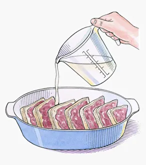 Illustration showing pouring egg and milk on stale bread spread with butter Illustration showing pouring egg and milk on stale bread spread with butter