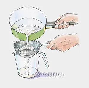 Illustration showing removing water through sieve from boiled white rice in saucepan Illustration showing removing water through sieve from boiled white rice in saucepan