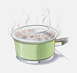 Illustration showing salmon steaks steaming in saucepan with glass lid on top Illustration showing salmon steaks steaming in saucepan with glass lid on top