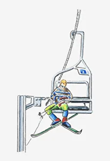 Illustration of skier in an open-air chair lift Illustration of skier in an open-air chair lift