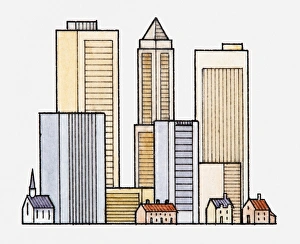Illustration of skyscrapers towering over smaller buildings Illustration of skyscrapers towering over smaller buildings