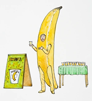 Illustration of smiling man wearing banana costume pointing at glass of juice held in Illustration of smiling man wearing banana costume pointing at glass of juice held in