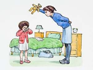 Illustration of sneering teenage girl teasing crying sister by holding teddy bear above her head Illustration of sneering teenage girl teasing crying sister by holding teddy bear above her head
