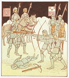 Illustration of soldiers on horseback with pollaxes, archers with longbows and cross bows and dead soldier on ground during the Hundred Years' War Illustration of soldiers on horseback with pollaxes, archers with longbows and cross bows and dead soldier on ground during the Hundred Years' War