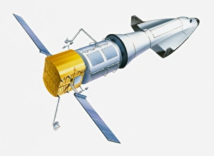 Illustration of a space shuttle with a piece of a space station in tow Illustration of a space shuttle with a piece of a space station in tow