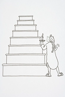 Illustration, standing at bottom of stairs in sleeping gown, nightcap and slippers Illustration, standing at bottom of stairs in sleeping gown, nightcap and slippers