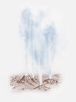Illustration of steam forced upwards from geysers Illustration of steam forced upwards from geysers