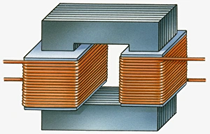 Illustration of step down transformer with iron core, primary and secondary spirals Illustration of step down transformer with iron core, primary and secondary spirals