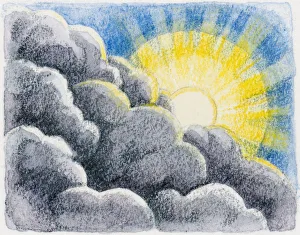 Illustration of sun shining behind grey clouds Illustration of sun shining behind grey clouds