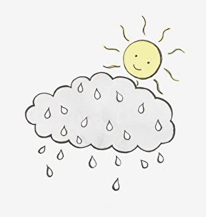 Illustration of sun with smiley face looking down at rain and cloud Illustration of sun with smiley face looking down at rain and cloud