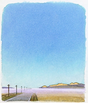 Illustration of sunrise with mist covering fields and road due to cool of night air Illustration of sunrise with mist covering fields and road due to cool of night air