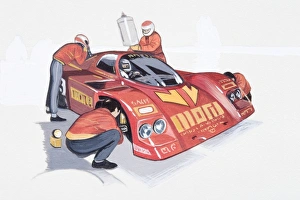 Illustration of team working on racecar during pit stop Illustration of team working on racecar during pit stop