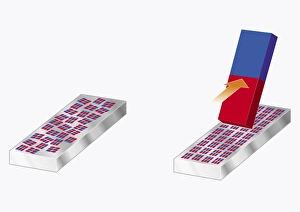 Illustration of unmagnetized steel bar, and magnetized steel bar with bar magnet being Illustration of unmagnetized steel bar, and magnetized steel bar with bar magnet being