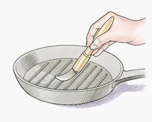 Illustration of using basting brush to oil frying pan Illustration of using basting brush to oil frying pan