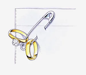 Illustration of using safety pin to secure wedding rings to fabric to avoid losing Illustration of using safety pin to secure wedding rings to fabric to avoid losing
