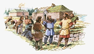 Illustration of Viking Leif Eriksson talking to men as his crew build houses Illustration of Viking Leif Eriksson talking to men as his crew build houses