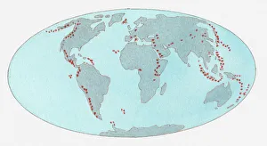 Illustration of volcanic zones dotted across the globe Illustration of volcanic zones dotted across the globe