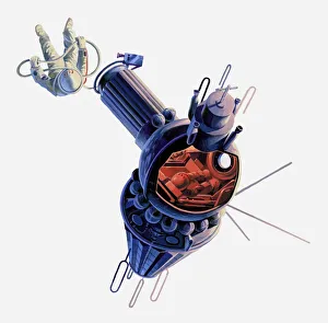 Illustration of Voskhod 2 space capsule with one astronaut inside and the other in space Illustration of Voskhod 2 space capsule with one astronaut inside and the other in space