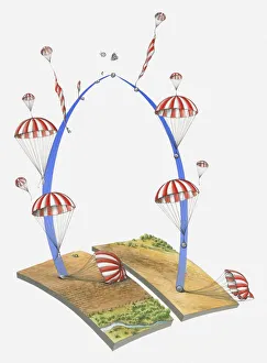 Illustration of Vostok 1 astronaut and space capsule landing by parachute Illustration of Vostok 1 astronaut and space capsule landing by parachute