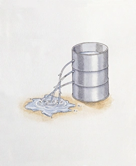 Illustration of water flowing from holes in metal barrel at different heights Illustration of water flowing from holes in metal barrel at different heights