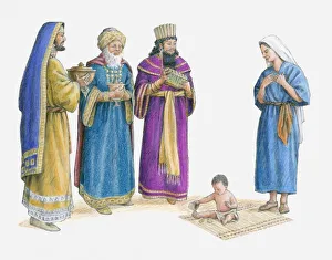 Illustration of the three wise men bearing gifts see Jesus in Marys house Illustration of the three wise men bearing gifts see Jesus in Marys house