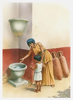 Illustration of woman and boy standing in front of a water clock as used in Ancient Greece Illustration of woman and boy standing in front of a water clock as used in Ancient Greece