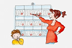 Illustration of woman circling dates on calendar, boy standing near her with finger in Illustration of woman circling dates on calendar, boy standing near her with finger in