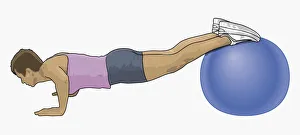 Illustration of woman performing press-ups with feet on large blue exercise ball Illustration of woman performing press-ups with feet on large blue exercise ball