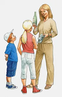 Illustration of woman showing glass bottle and plastic packaging to boy and girl Illustration of woman showing glass bottle and plastic packaging to boy and girl