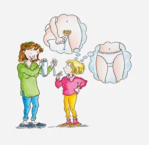 Illustration of woman showing tampon and sanitary pad to girl, thought bubbles above girls head visualising the use of Illustration of woman showing tampon and sanitary pad to girl, thought bubbles above girls head visualising the use of