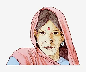 Illustration of woman wearing headscarf and bindi on her forehead Illustration of woman wearing headscarf and bindi on her forehead