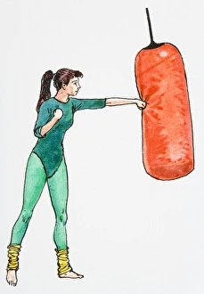 Illustration of woman wearing leotard punching punching bag Illustration of woman wearing leotard punching punching bag