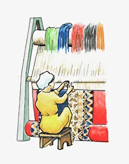 Collections/dorling kindersley prints/illustration woman weaving rug loom Collections/dorling kindersley prints/illustration woman weaving rug loom