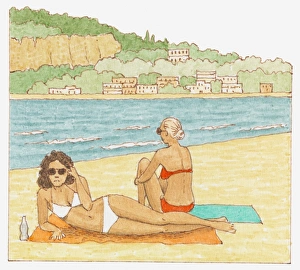 Illustration of two women sunbathing on beach Illustration of two women sunbathing on beach