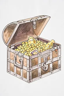 Illustration, wooden pirates chest with open lid revealing golden treasures inside Illustration, wooden pirates chest with open lid revealing golden treasures inside