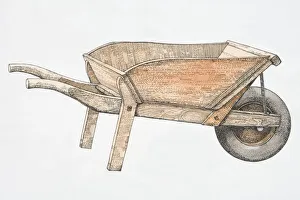 Illustration, wooden wheelbarrow, side view Illustration, wooden wheelbarrow, side view