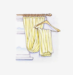 Illustration of a yellow curtain looped over a hanger to move it away from the window Illustration of a yellow curtain looped over a hanger to move it away from the window