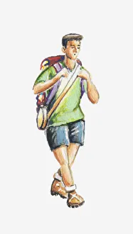 Illustration of young man carrying rucksack and canteen Illustration of young man carrying rucksack and canteen