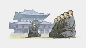 Illustration of Zen Buddhist monks kneeling in courtyard outside temple Illustration of Zen Buddhist monks kneeling in courtyard outside temple