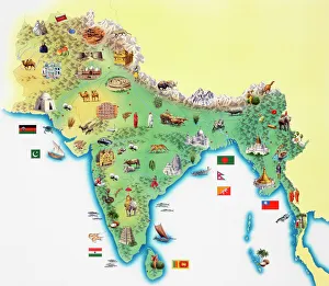 India, map with illustrations showing distinguishing features India, map with illustrations showing distinguishing features