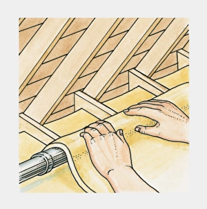 Insulation material being wrapped around pipes in the loft of a house Insulation material being wrapped around pipes in the loft of a house